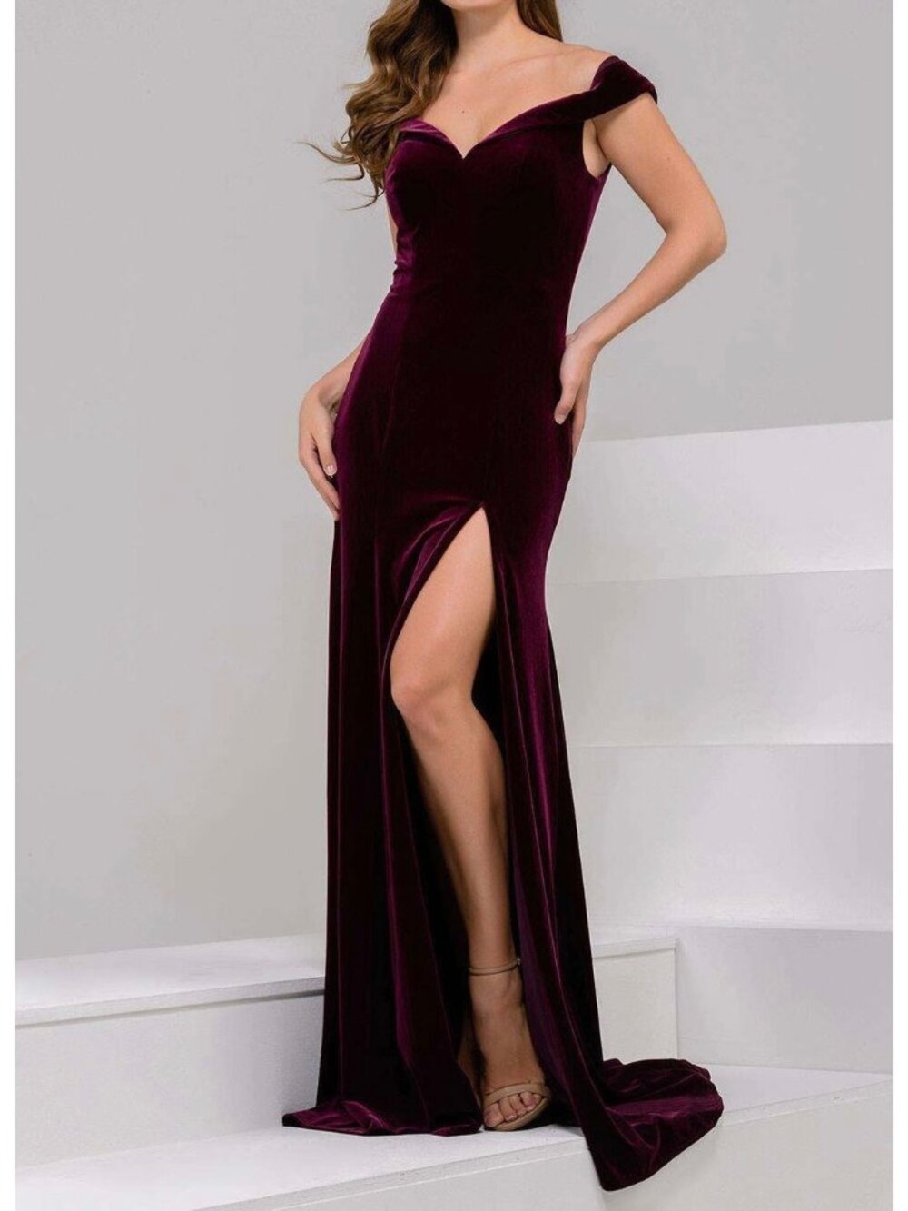 Jovani Womens Burgundy Velvet Off Shoulder Formal Evening Gown 50327 size 12
